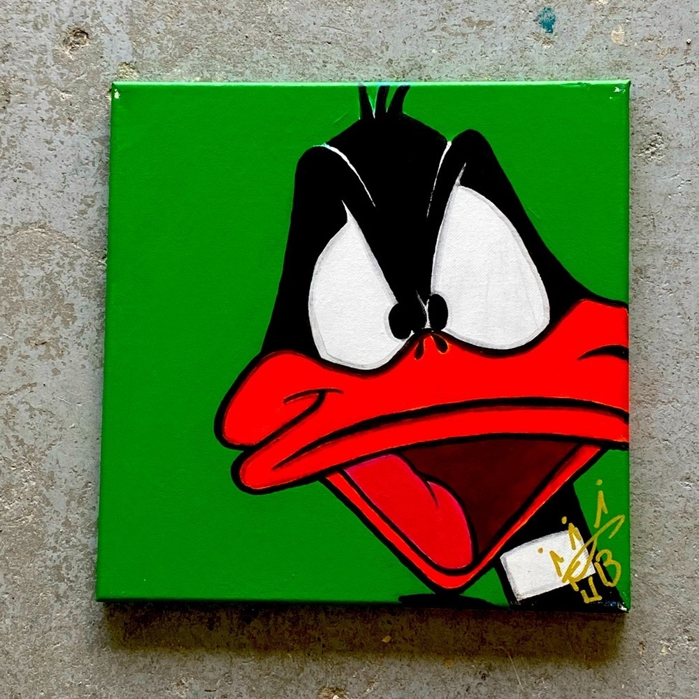 Donald Duck painting looney Tunes on a 12” by 12” canvas Original Artwork